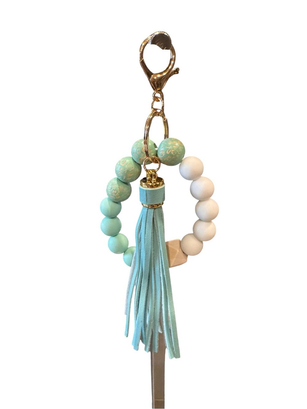 Turquoise & White Beaded Tassel Keychain Wristlet
